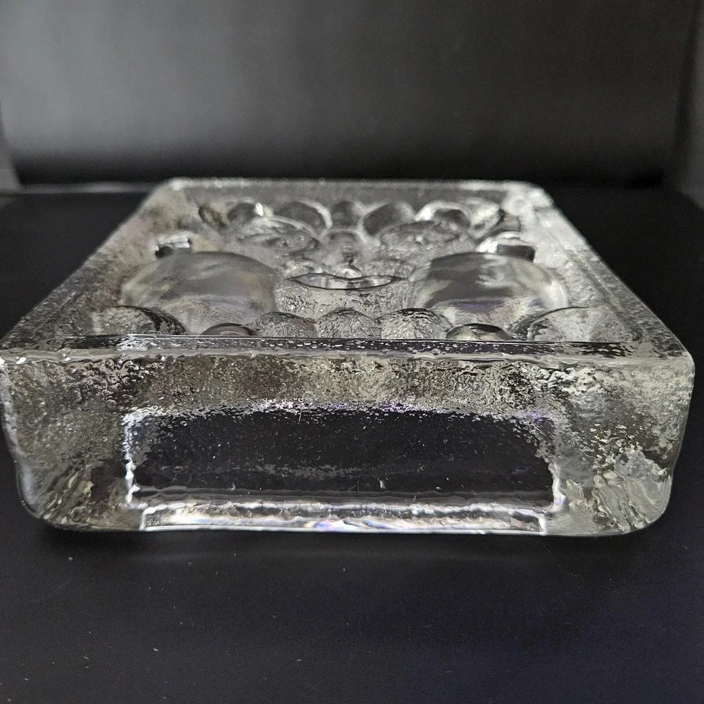 VTG Skruf Sweden Viking Face Heavy Block Square Crystal Dish '70s Lars Hellsten